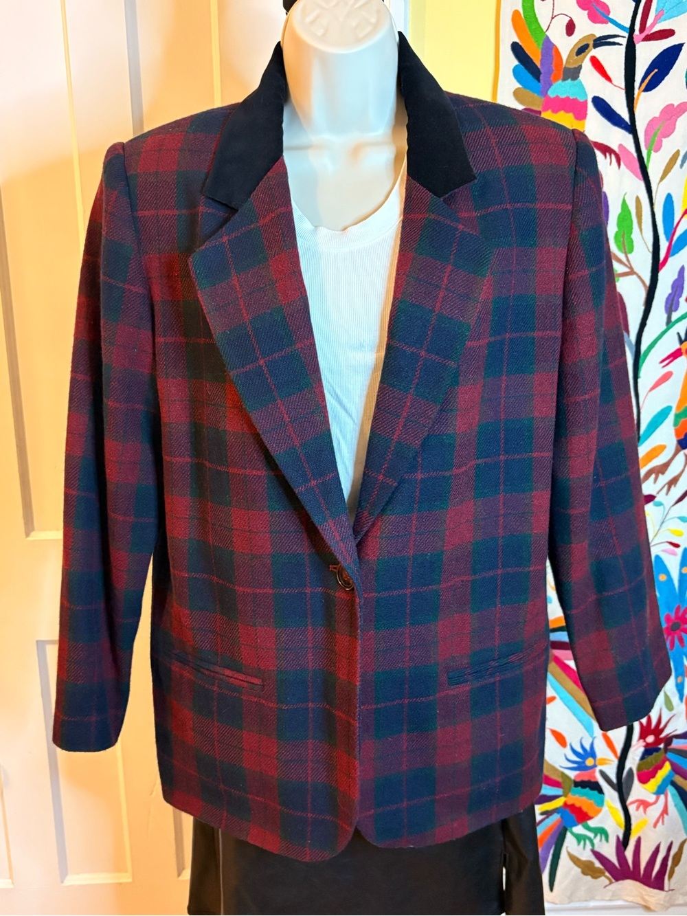 Sag Harbor Burgundy and Navy Plaid Blazer with Black Velvet Collar